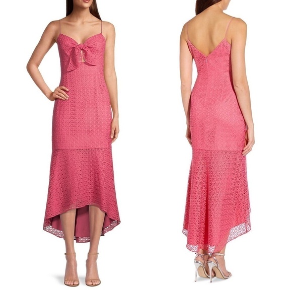 NWT AIDAN MATTOX Pink Lace Sleeveless Cutout Tie Front Ruffle Hem Midi Dress 4 - Picture 4 of 11